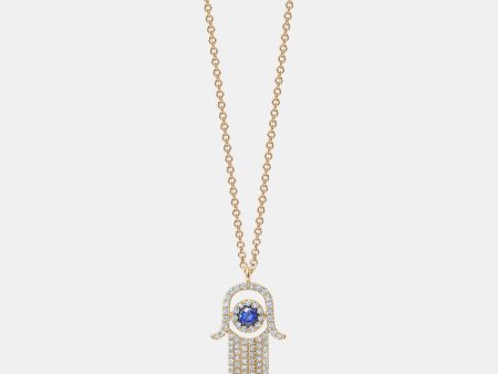 Diamond Blue Sapphire Hamsa Necklace For Discount